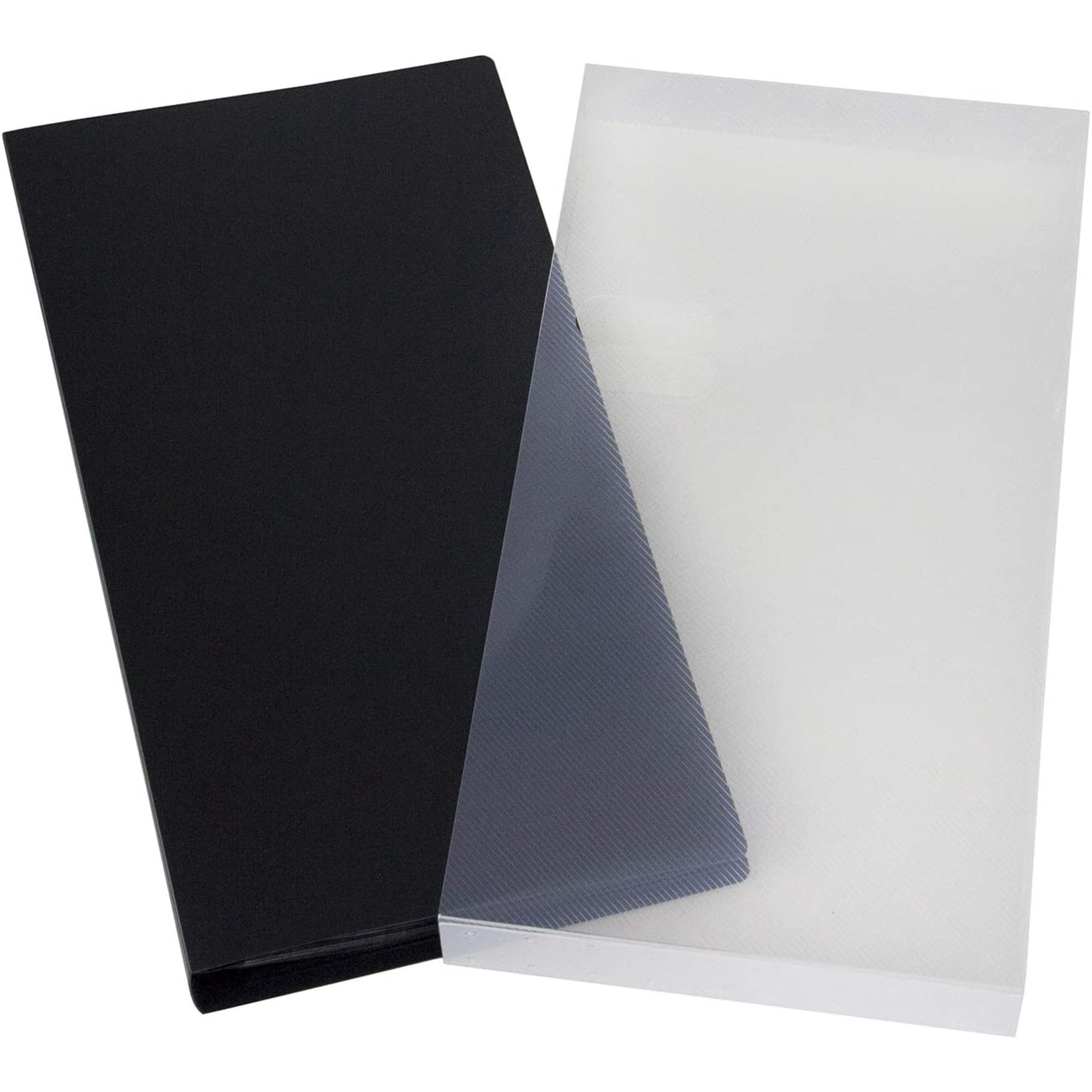 Black photo album alongside its clear outer sleeve
