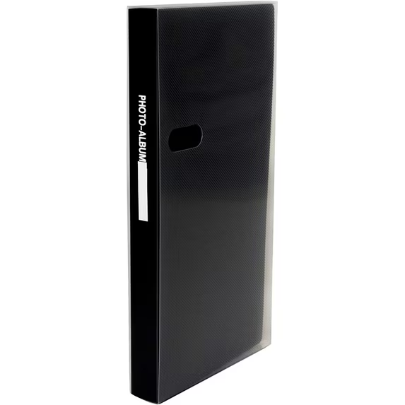Black photo album standing upright, with a textured cover and labeled spine